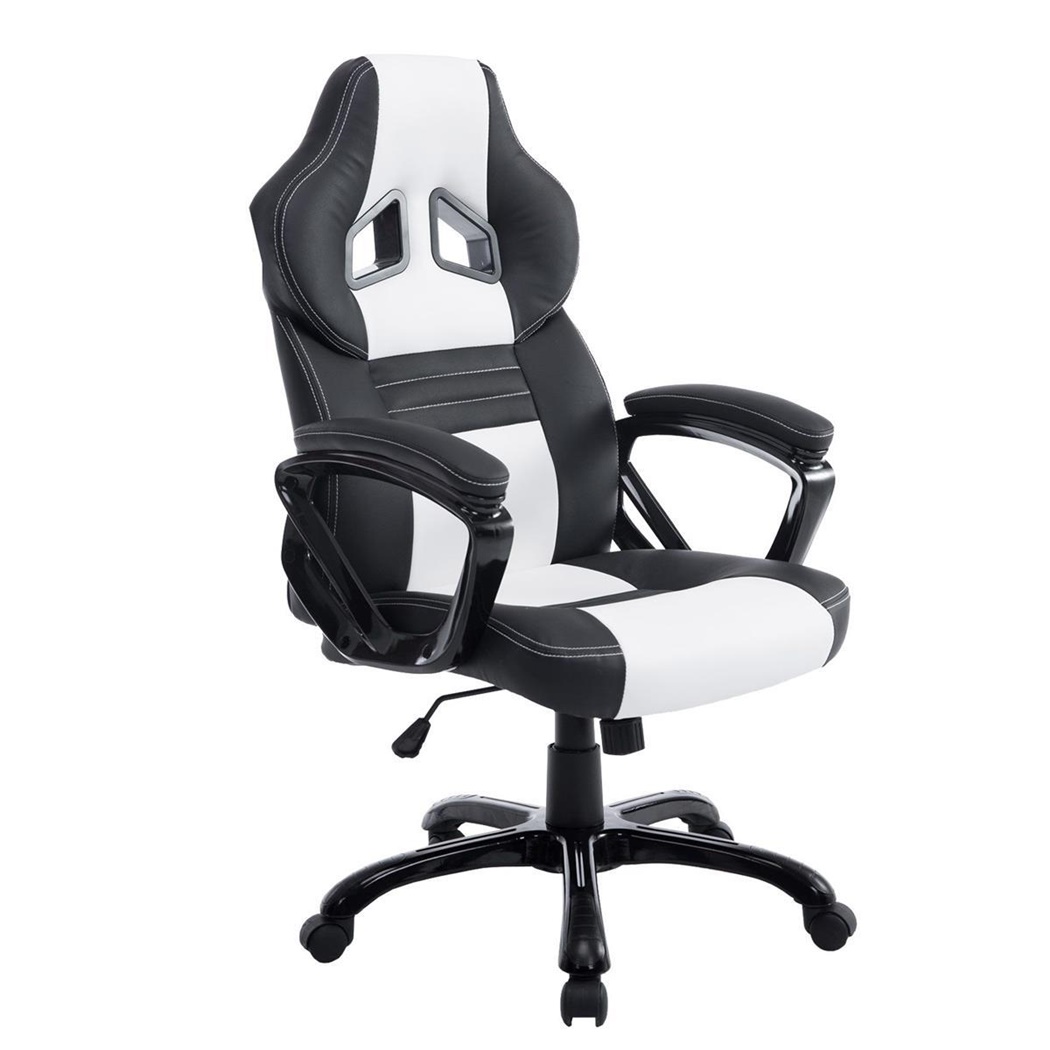 Fauteuil Gamer RICKON, Design Sportif, Grand Rembourrage, Cuir, Noir et Blanc