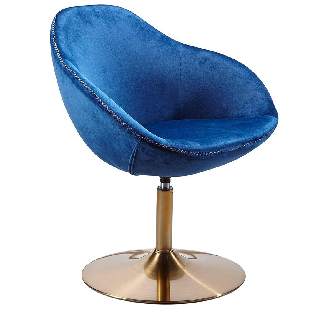 Fauteuil Design CLEO, Pivotant, Piétement Doré, Velours, Bleu