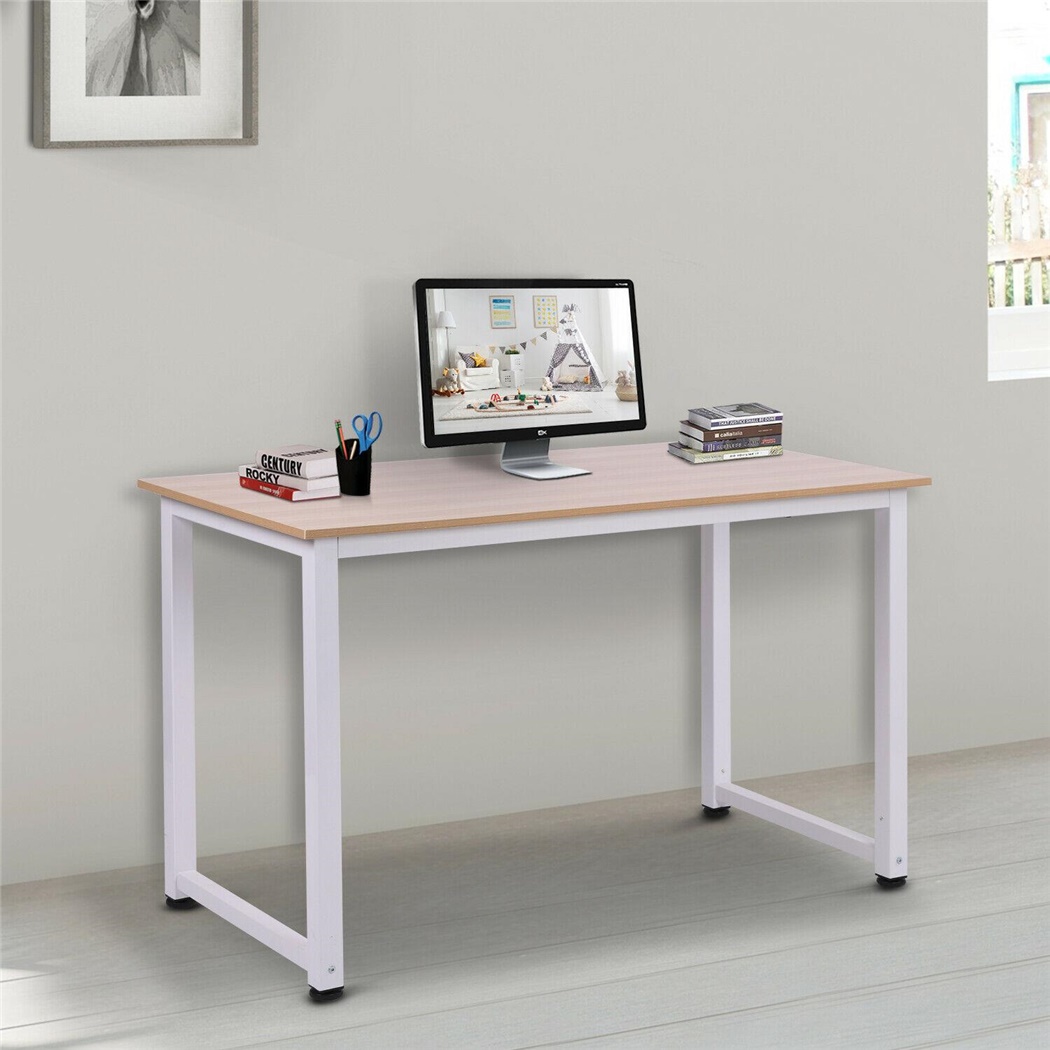 Bureau Informatique DUSKO, 120x60x76cm, en Métal et Bois, Blanc et Chêne