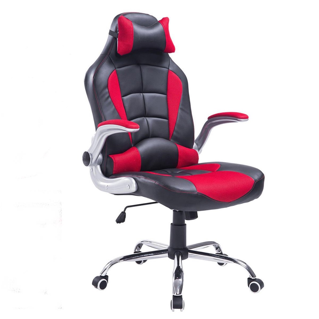 Chaise Gaming LEXY, Accoudoirs Rabattables, en Cuir Noir et Maille Rouge