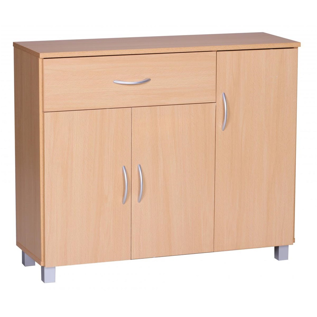 Buffet BERYL, 90x30x75cm, 1 Tiroir, Compartiments à Porte, en Bois couleur Hêtre