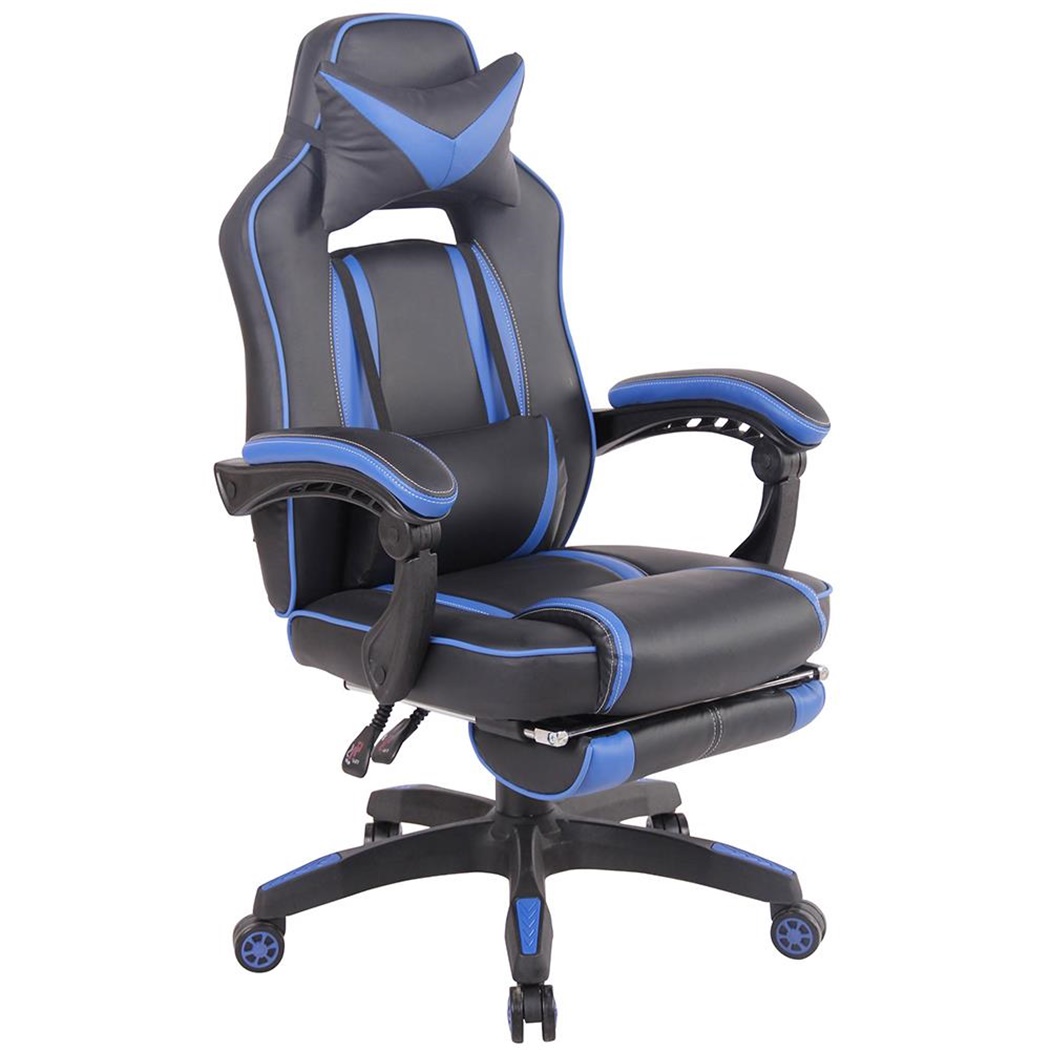 Fauteuil gaming MARQUEZ, Repose-Pieds Extensible, en Cuir, Noir et Bleu