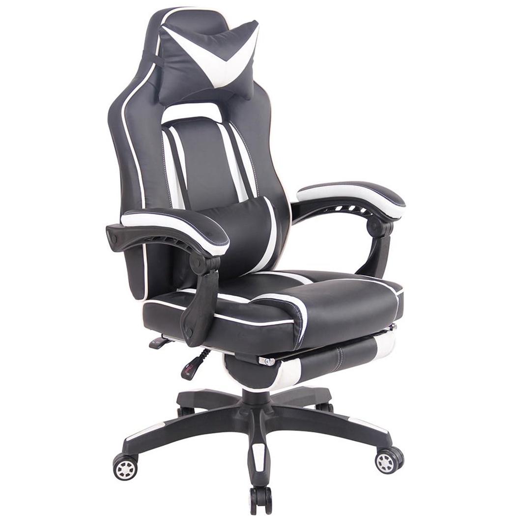 Fauteuil gaming MARQUEZ, Repose-Pieds Extensible, en Cuir, Noir et Blanc