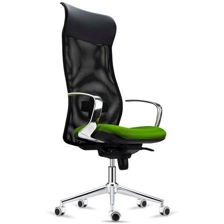 Fauteuil Ergonomique YEDA, Dossier Haut, Piétement Métallique, en Cuir Noir et Vert