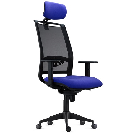 Chaise Ergonomique NEPTUNE, Appui-Tête, Support Lombaire, Utilisation 8 Heures, en Maille Noire et Tissu Bleu Foncé 