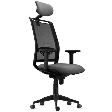 Chaise Ergonomique NEPTUNE, Appui-Tête, Support Lombaire, Utilisation 8 Heures, en Maille Noire et Tissu Gris