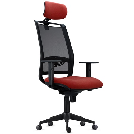 Chaise Ergonomique NEPTUNE, Appui-Tête, Support Lombaire, Utilisation 8 Heures, en Maille Noire et Tissu Rouge