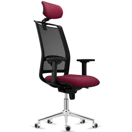 Chaise Ergonomique NEPTUNE, Appui-Tête, Support Lombaire, Utilisation 8 Heures, Piétement Métallique, en Maille Noire et Tissu Bordeaux