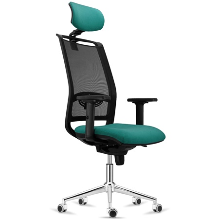 Chaise Ergonomique NEPTUNE, Appui-Tête, Support Lombaire, Utilisation 8 Heures, Piétement Métallique, en Maille Noire et Tissu Vert