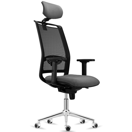 Chaise Ergonomique NEPTUNE, Appui-Tête, Support Lombaire, Utilisation 8 Heures, Piétement Métallique, en Maille Noire et Tissu Gris