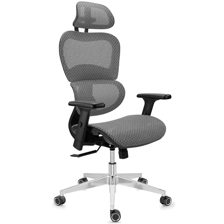 Chaise Ergonomique VICTORY, 100% Ajustable, Utilisation Intensive 8h, en Maille, Gris