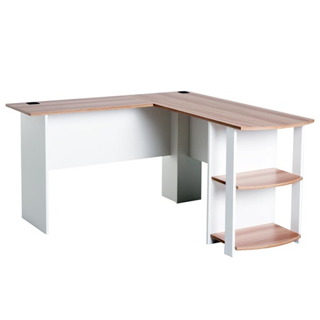 Bureau Informatique d'Angle, DAVEN, 136x130x72 cm, avec Rangements, en Bois, Blanc et Noyer