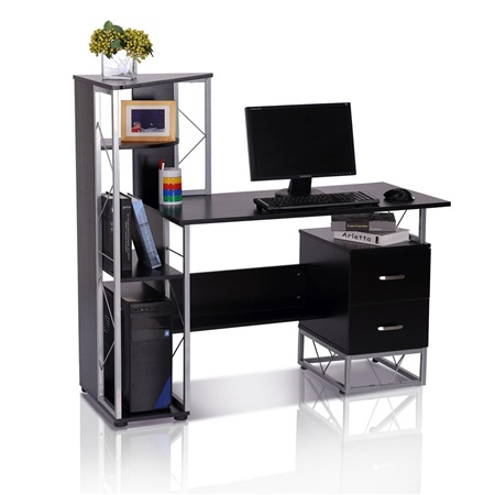 Bureau Informatique SILVANO, Dimensions 133x55x123 cm, avec Tiroirs et Étagères, en Bois, Noir