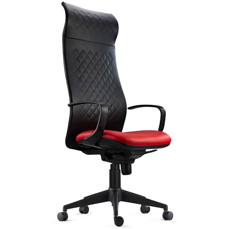 Fauteuil Ergonomique YEDA, Dossier Haut, Coutures Apparentes, en Cuir Noir et Rouge