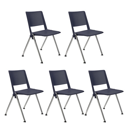 Lot de 5 chaises visiteur CARINA, Empilable, Crochets d’Attache, Piétement Chromé, Bleu