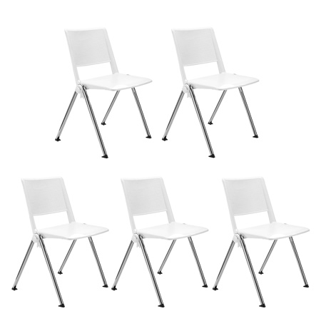 Lot de 5 chaises visiteur CARINA, Empilable, Crochets d’Attache, Piétement Chromé, Blanc