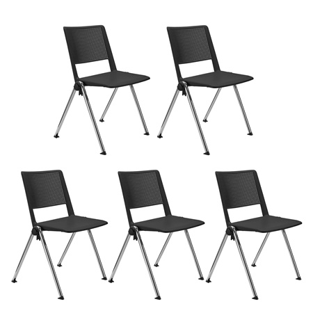Lot de 5 chaises visiteur CARINA, Empilable, Crochets d’Attache, Piétement Chromé, Noir