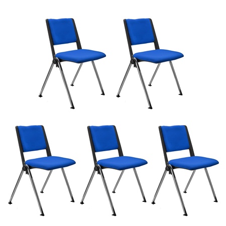 Lot de 5 chaises visiteur CARINA, Empilable, Crochets d’Attache, Piétement Chromé, Tissu Bleu