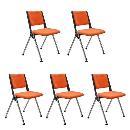 Lot de 5 chaises visiteur CARINA, Empilable, Crochets d’Attache, Piétement Chromé, Tissu Orange
