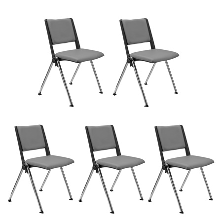 Lot de 5 chaises visiteur CARINA, Empilable, Crochets d’Attache, Piétement Chromé, Cuir Gris