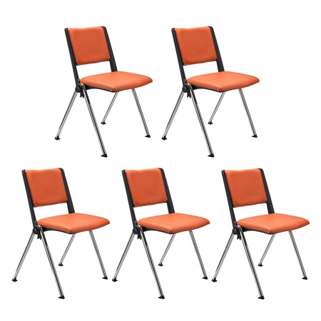 Lot de 5 chaises visiteur CARINA, Empilable, Crochets d’Attache, Piétement Chromé, Cuir Orange