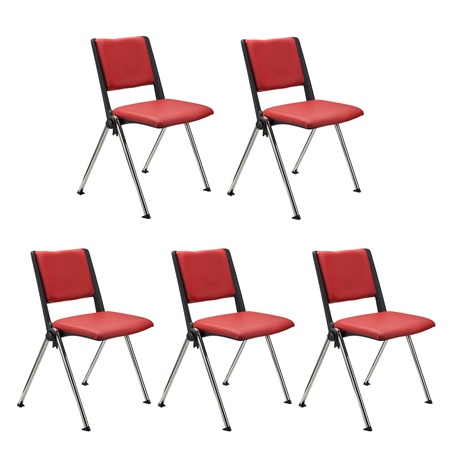 Lot de 5 chaises visiteur CARINA, Empilable, Crochets d’Attache, Piétement Chromé, Cuir Rouge