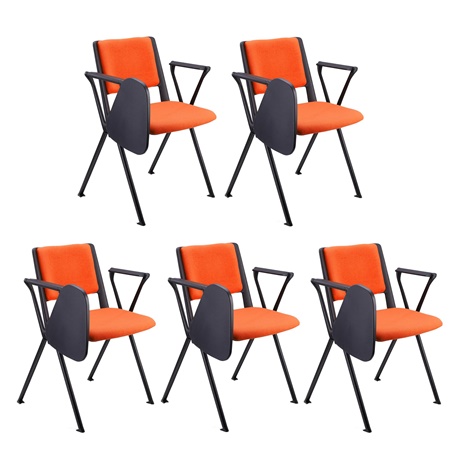 Lot de 5 chaises visiteur CARINA AVEC TABLETTE, Empilable, Crochets d’Attache, Piétement Noir, Tissu Orange