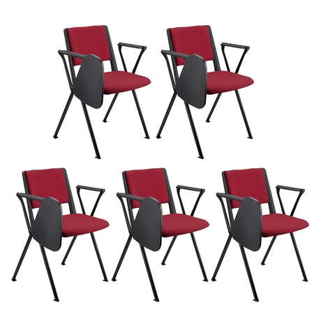 Lot de 5 chaises visiteur CARINA AVEC TABLETTE, Empilable, Crochets d’Attache, Piétement Noir, Tissu Bordeaux