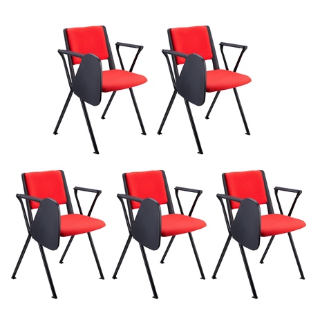 Lot de 5 chaises visiteur CARINA AVEC TABLETTE, Empilable, Crochets d’Attache, Piétement Noir, Tissu Rouge