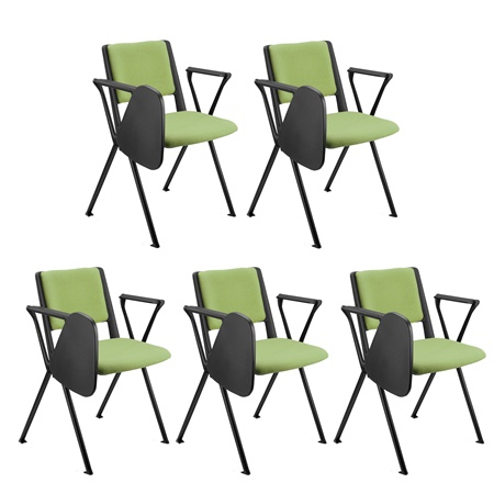 Lot de 5 chaises visiteur CARINA AVEC TABLETTE, Empilable, Crochets d’Attache, Piétement Noir, Tissu Vert