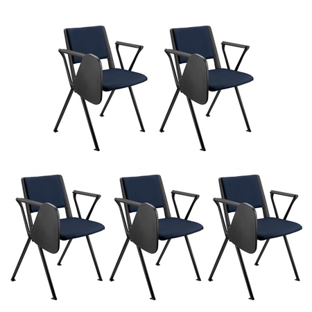 Lot de 5 chaises visiteur CARINA AVEC TABLETTE, Empilable, Crochets d’Attache, Piétement Noir, Cuir Bleu