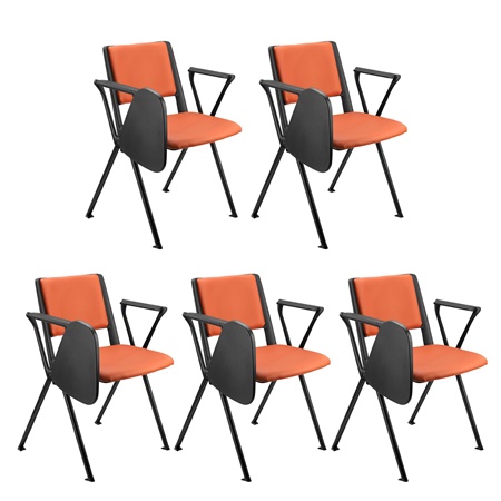 Lot de 5 chaises visiteur CARINA AVEC TABLETTE, Empilable, Crochets d’Attache, Piétement Noir, Cuir Orange