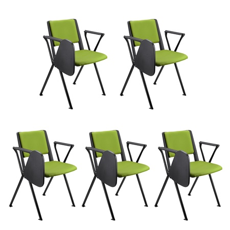 Lot de 5 chaises visiteur CARINA AVEC TABLETTE, Empilable, Crochets d’Attache, Piétement Noir, Cuir Vert