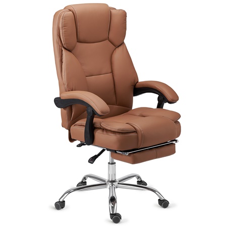 Fauteuil de Bureau LINCON, Très Confortable, Ergonomique, Repose Pieds Extensible, Cuir Marron Clair