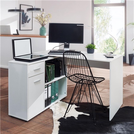 Bureau informatique METEORA, 120x106x75 cm, avec Etagères et Tiroir, en Bois Couleur Blanc