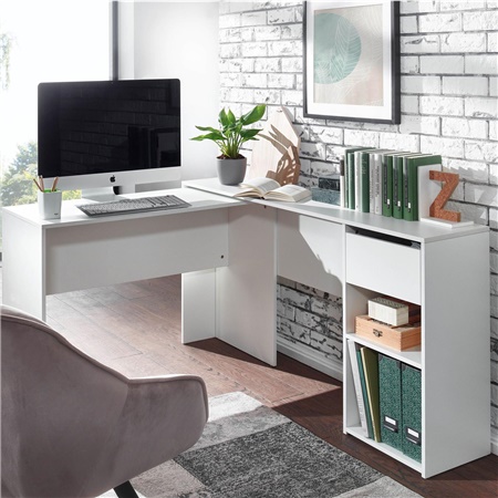 Bureau Informatique EMPIRE, Étagère Modulable Avec Tiroir, Dimensions 145x106,5x76,5 cm, En Bois, Blanc