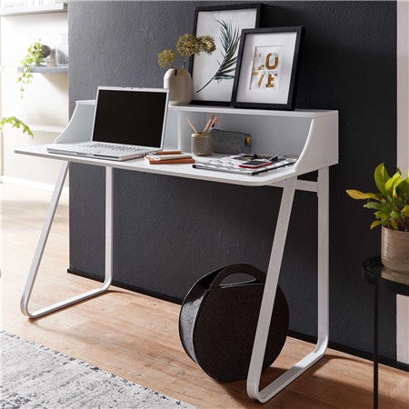 Bureau Secrétaire ROUNDY, Style Industriel, Dimensions 120x60x92cm, Métal et Bois, Blanc