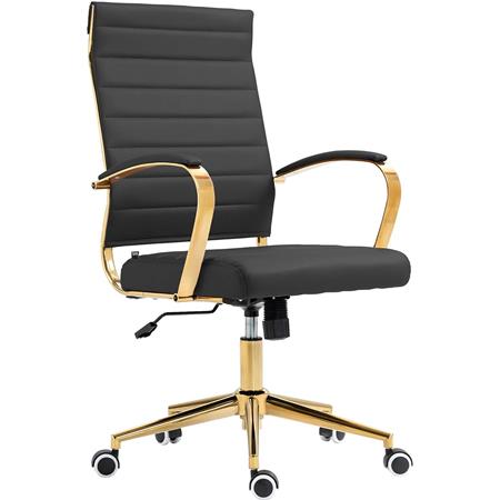 Chaise de bureau KENNETH, Élégante et Moderne, Piétement Métallique Doré, Cuir, Noir