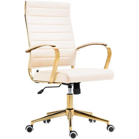Chaise de bureau KENNETH, Élégante et Moderne, Piétement Métallique Doré, Cuir, Crème