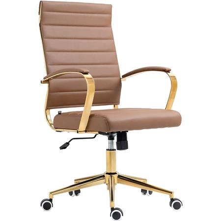 Chaise de bureau KENNETH, Élégante et Moderne, Piétement Métallique Doré, Cuir, Marron Clair