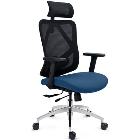 Chaise Ergonomique LONDON, Support Lombaire Réglable, Assise Réglable en Profondeur, Utilisation Intensive 8h, en Bleu