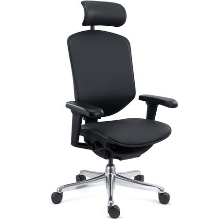 Chaise Ergonomique ENJOY, 100% Ajustable, Utilisation Intensive 8h, Revêtement en Cuir Authentique, Noir