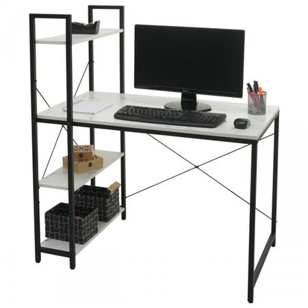 Bureau Informatique NORMAN 100x60x72 cm, avec Étagère, en Bois et Métal, aspect Marbre Blanc
