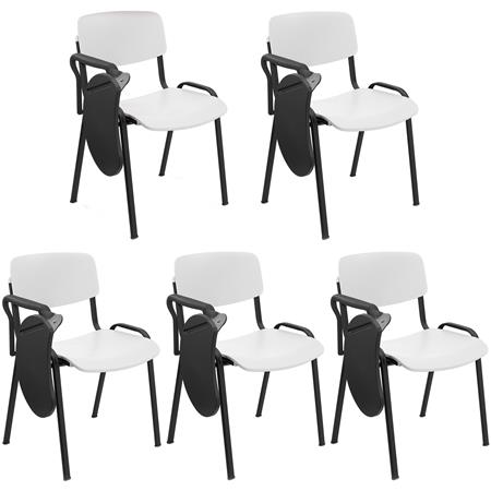 Lot de 5 Chaises Visiteur MILKA AVEC TABLETTE, Élégantes et Polyvalentes, Empilables, Piètement Noir, Blanc