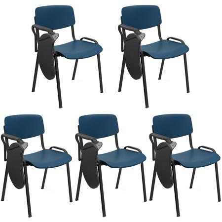 Lot de 5 Chaises Visiteur MILKA AVEC TABLETTE, Élégantes et Polyvalentes, Empilables, Piètement Noir, Bleu