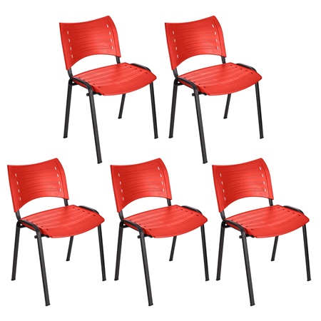 Lot de 5 chaises visiteur ELVA, empilables et très pratiques, grande qualité, Rouge et Piétement Noir