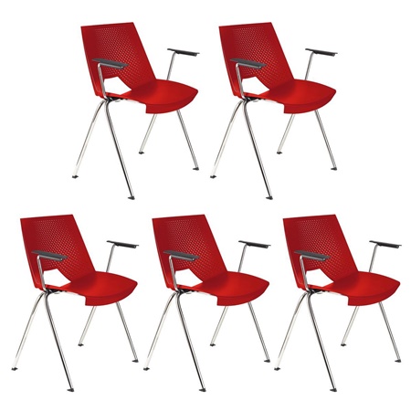 Lot de 5 Chaises visiteur ENZO AVEC ACCOUDOIRS, Commodes et Pratiques, Empilables, Rouge