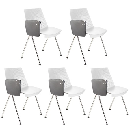 Lot de 5 Chaises visiteur ENZO AVEC TABLETTE, Commodes et Pratiques, Empilables, Blanc