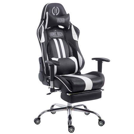 Fauteuil de bureau Gamer LOGAN avec Repose-pieds, Dossier Inclinable, Coussins Inclus, Piétement en Métal, Noir/Blanc