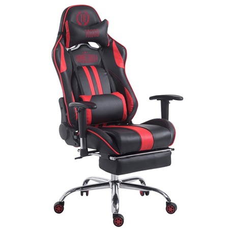 Fauteuil de bureau Gamer LOGAN avec Repose-pieds, Dossier Inclinable, Coussins Inclus, Piétement en Métal, Noir/Rouge